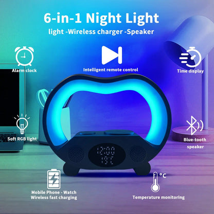 2024 New 6 In 1 Smart Remote Control Bluetooth Ambience Intelligent LED Table Lamp Multi - function Wireless Charger Night Light Bluetooth Speaker - MEDIJIX