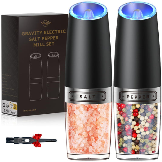 Gravity Electric Salt And Pepper Grinder Set Automatic Shakers Mill Grinder With LED Light, Battery Powered Adjustable Coarseness One Hand Operation, Upgraded Larger Capacity - MEDIJIX