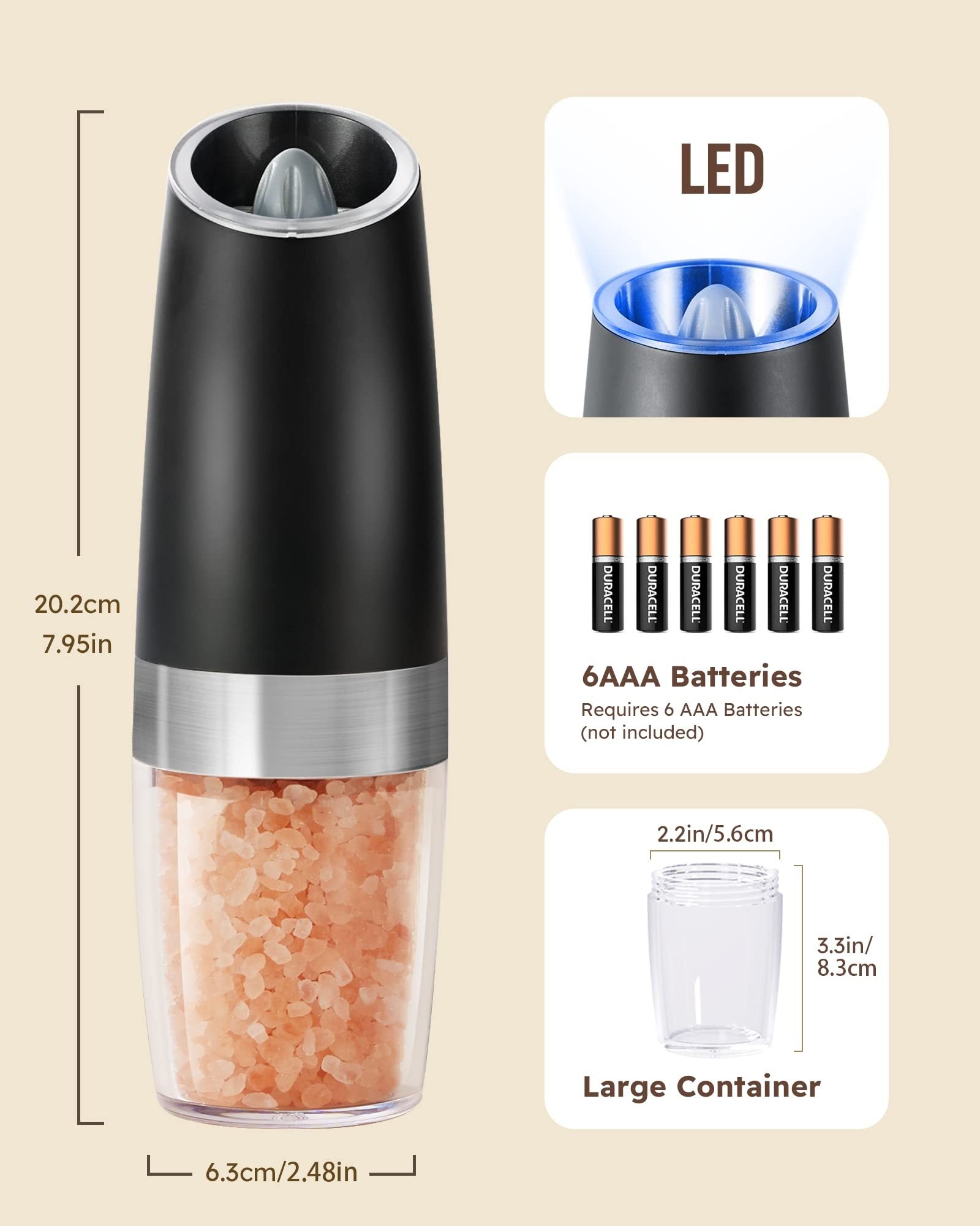 Gravity Electric Salt And Pepper Grinder Set Automatic Shakers Mill Grinder With LED Light, Battery Powered Adjustable Coarseness One Hand Operation, Upgraded Larger Capacity - MEDIJIX