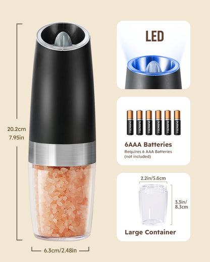 Gravity Electric Salt And Pepper Grinder Set Automatic Shakers Mill Grinder With LED Light, Battery Powered Adjustable Coarseness One Hand Operation, Upgraded Larger Capacity - MEDIJIX