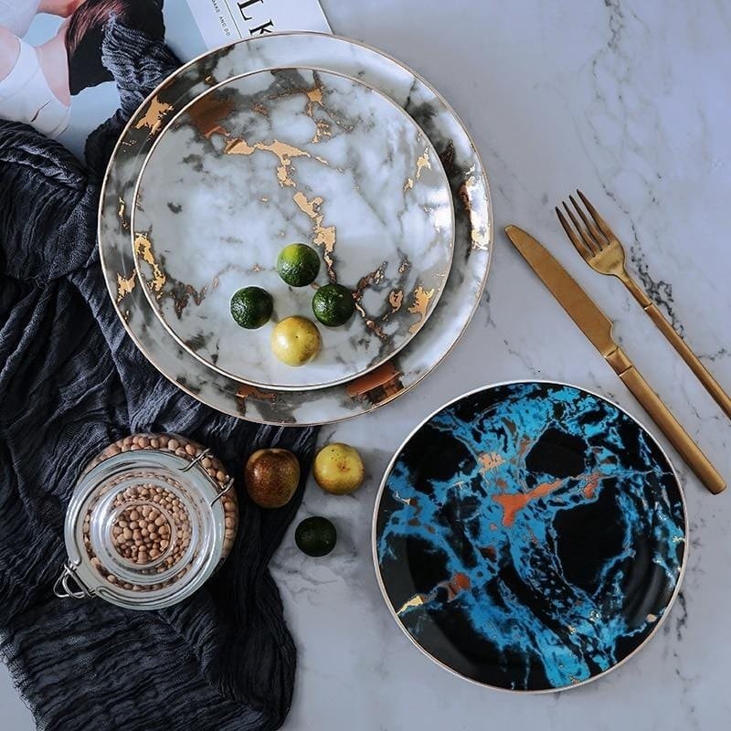 Light luxury golden rim marbled plate, salad dessert breakfast plate, round plate - MEDIJIX