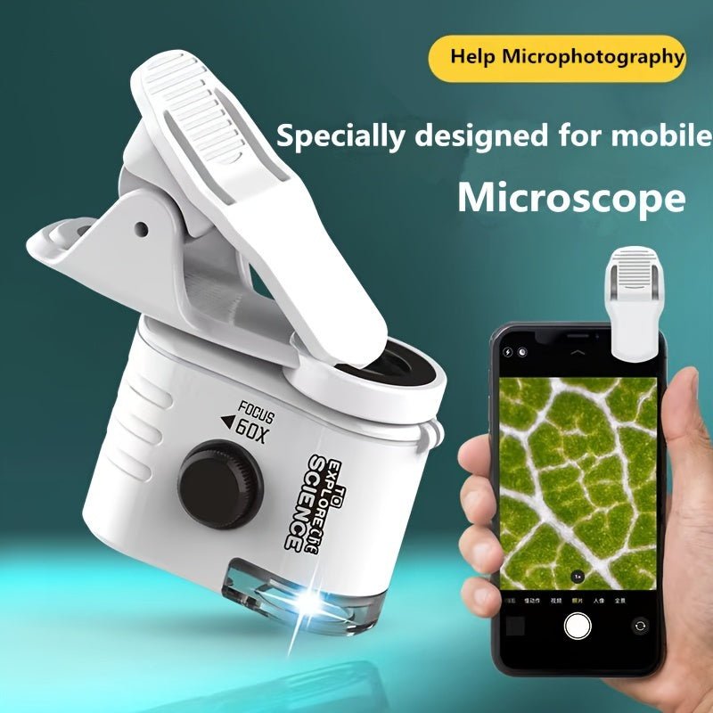 Mini Mobile Phone Microscope, 60x Pocket Microscope, Handheld Portable LED Lighted Magnification Endoscope With A Mobile Phone Adapter Clip - MEDIJIX