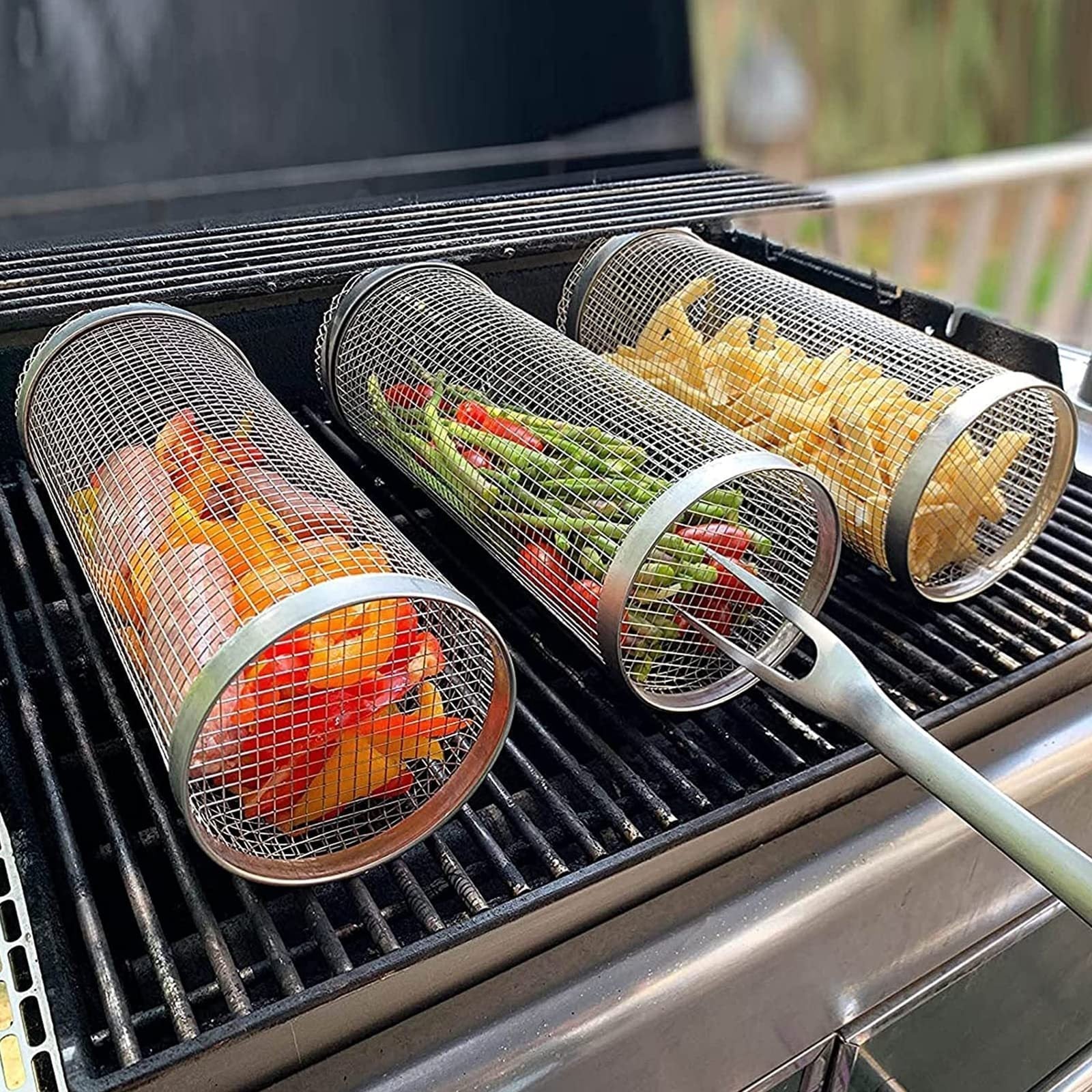 Rolling Grilling Basket Metal BBQ Barbecue Basket Net Portable Outdoor Camping Barbecue Rack Kitchen Gadgets - MEDIJIX