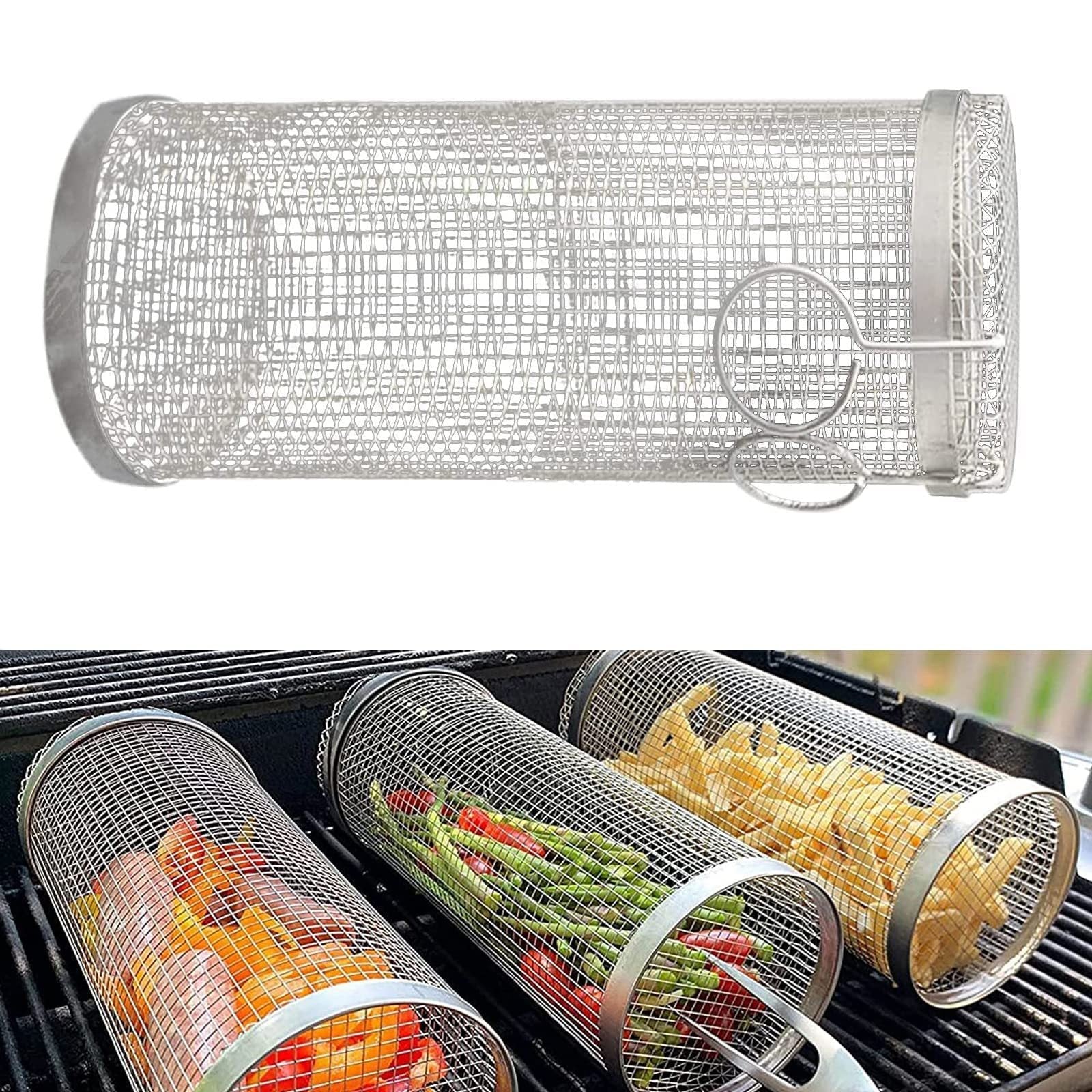 Rolling Grilling Basket Metal BBQ Barbecue Basket Net Portable Outdoor Camping Barbecue Rack Kitchen Gadgets - MEDIJIX