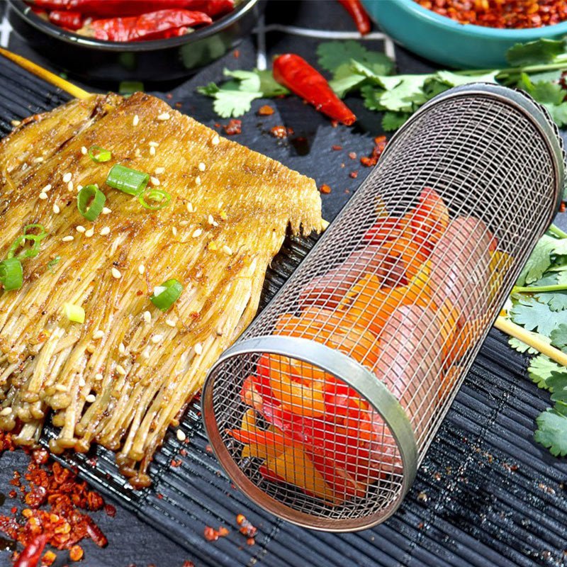 Rolling Grilling Basket Metal BBQ Barbecue Basket Net Portable Outdoor Camping Barbecue Rack Kitchen Gadgets - MEDIJIX