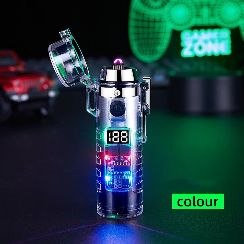 Transparent Shell Dual Arc USB Charging Lighter Outdoor Waterproof LED Colorful Light Power Display Illumination Light Gadgets - MEDIJIX