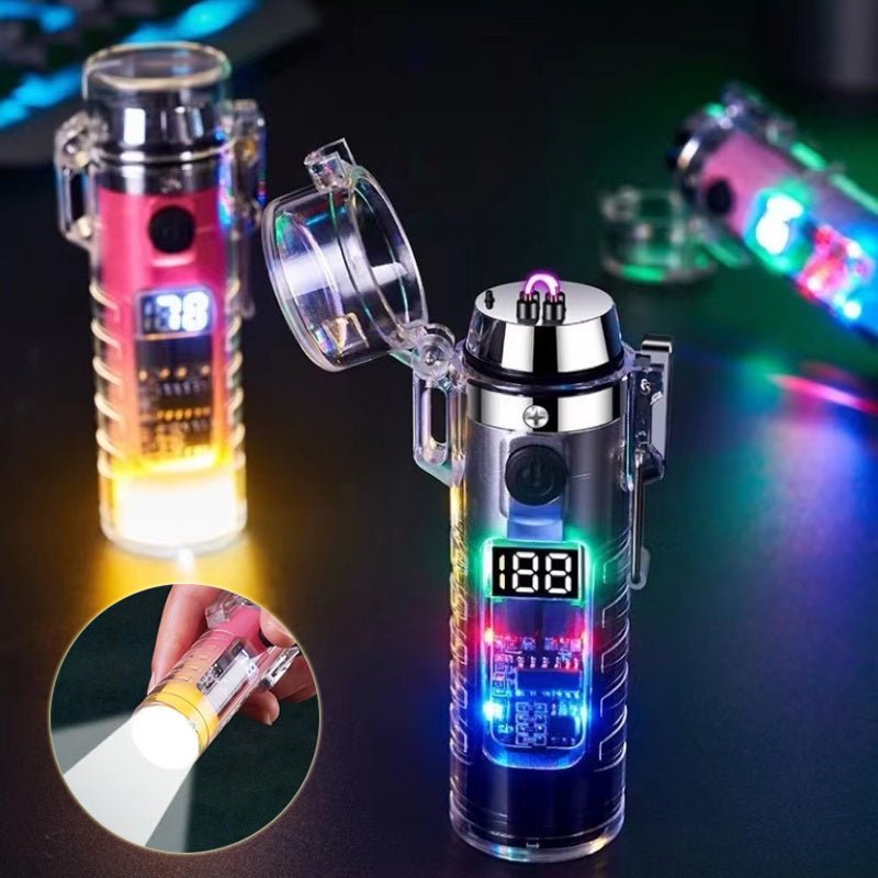 Transparent Shell Dual Arc USB Charging Lighter Outdoor Waterproof LED Colorful Light Power Display Illumination Light Gadgets - MEDIJIX